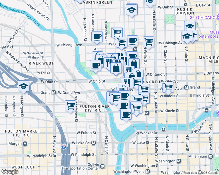 map of restaurants, bars, coffee shops, grocery stores, and more near 420 West Grand Avenue in Chicago