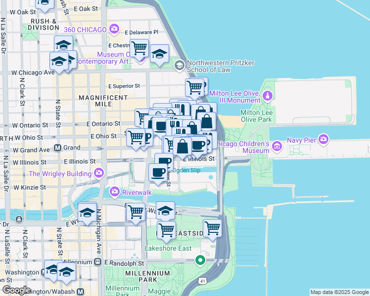 map of restaurants, bars, coffee shops, grocery stores, and more near 515 North McClurg Court in Chicago