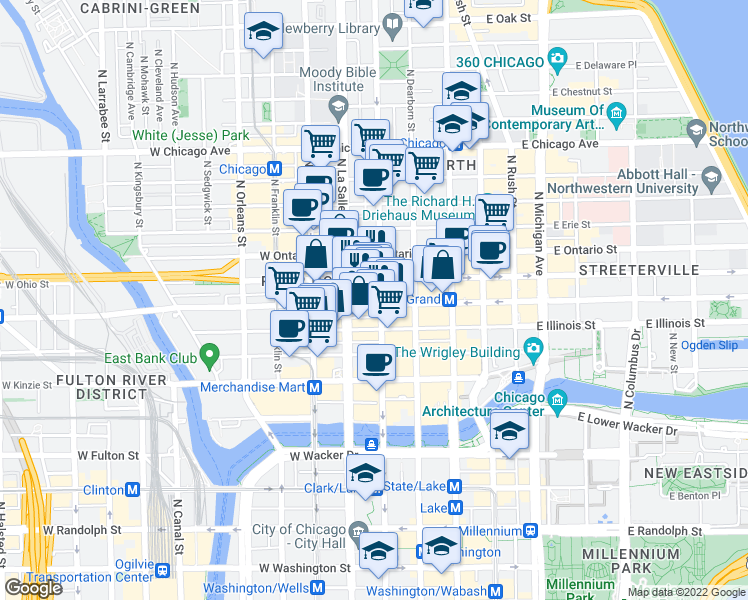 map of restaurants, bars, coffee shops, grocery stores, and more near 100 West Grand Avenue in Chicago