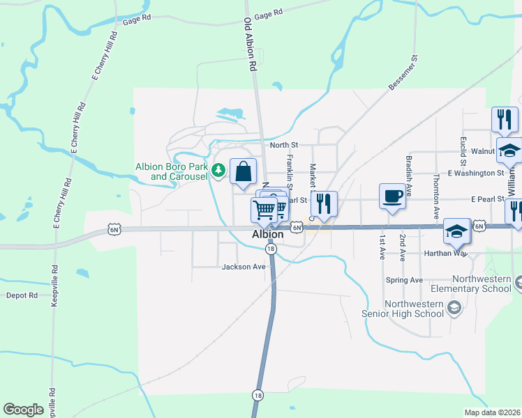 map of restaurants, bars, coffee shops, grocery stores, and more near 32 N Main St in Albion