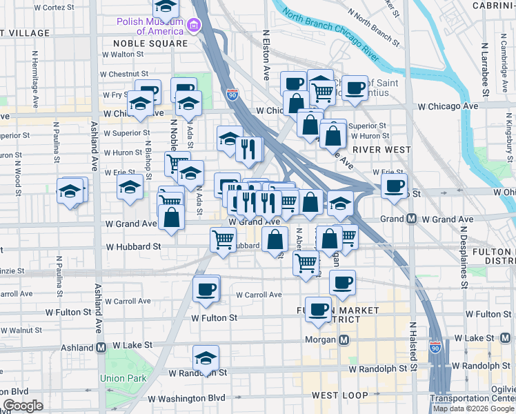 map of restaurants, bars, coffee shops, grocery stores, and more near 529 North Racine Avenue in Chicago