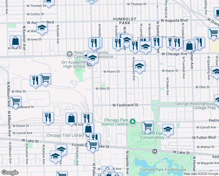 map of restaurants, bars, coffee shops, grocery stores, and more near 3848 West Ohio Street in Chicago