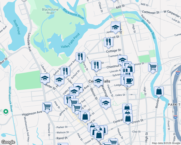 map of restaurants, bars, coffee shops, grocery stores, and more near 119 Perry Street in Central Falls
