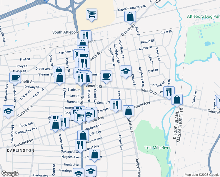map of restaurants, bars, coffee shops, grocery stores, and more near 527 Benefit Street in Pawtucket