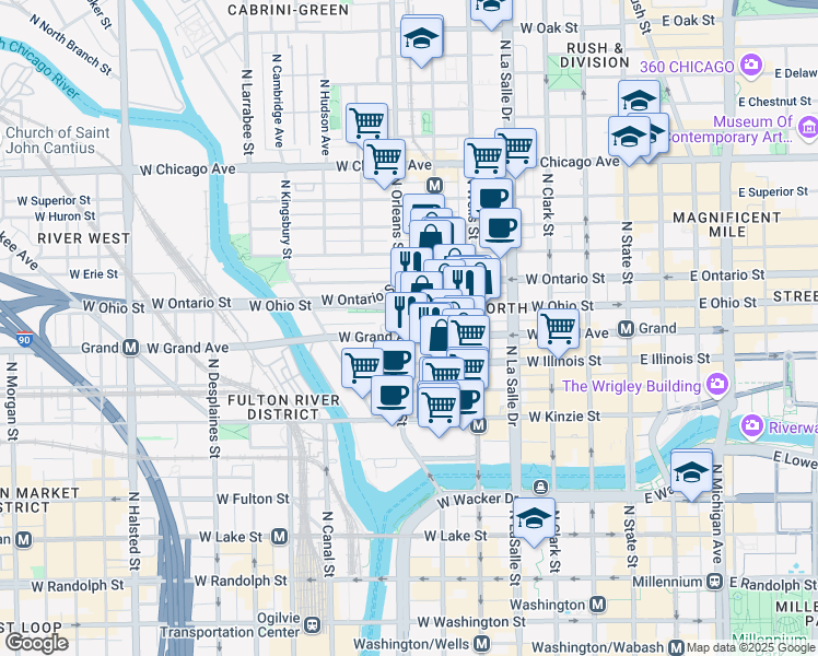 map of restaurants, bars, coffee shops, grocery stores, and more near 330 West Grand Avenue in Chicago