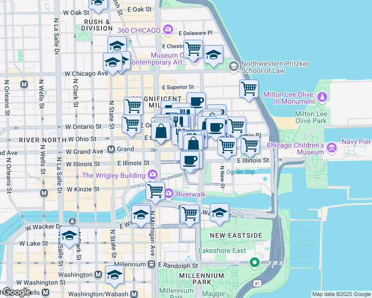 map of restaurants, bars, coffee shops, grocery stores, and more near 255 East Grand Avenue in Chicago