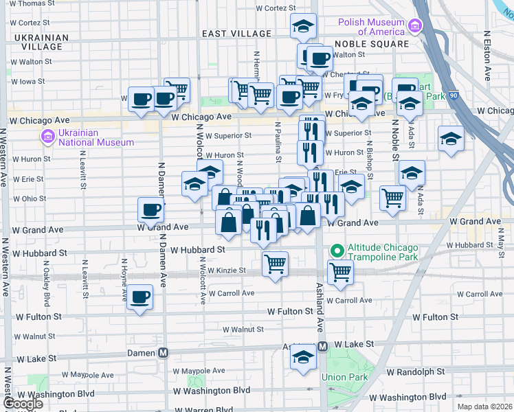 map of restaurants, bars, coffee shops, grocery stores, and more near 529 North Hartland Court in Chicago