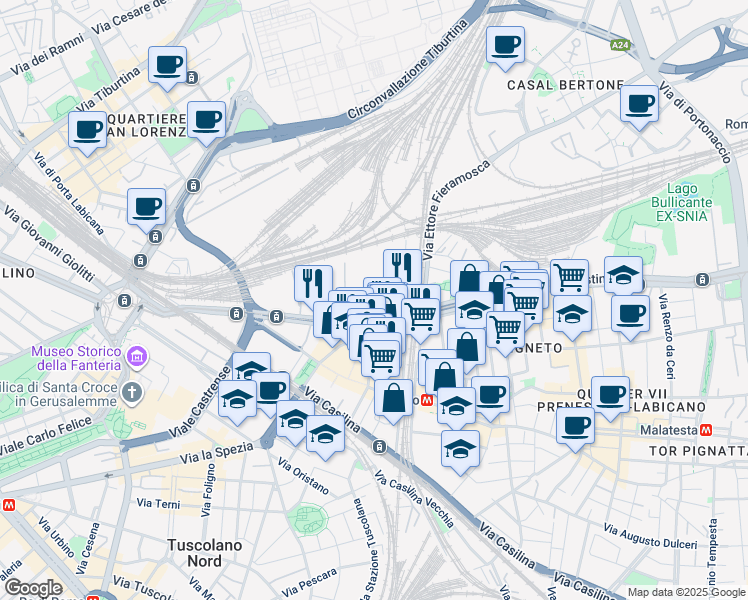 map of restaurants, bars, coffee shops, grocery stores, and more near Via L. F. Marsigli in Roma