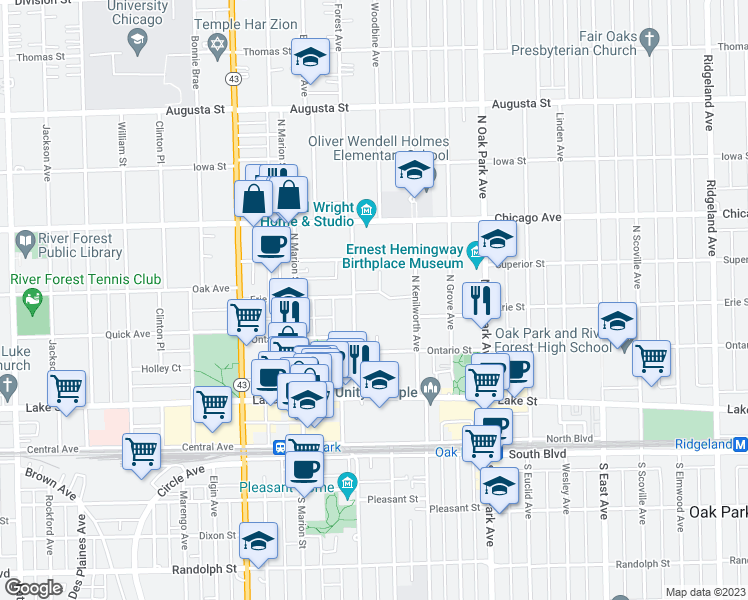 map of restaurants, bars, coffee shops, grocery stores, and more near 2 Elizabeth Court in Oak Park