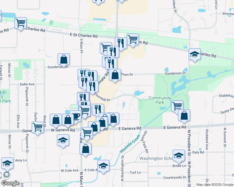 map of restaurants, bars, coffee shops, grocery stores, and more near 535 Thornhill Drive in Carol Stream