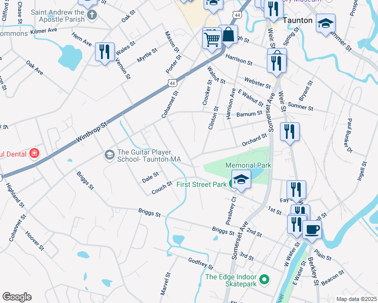 map of restaurants, bars, coffee shops, grocery stores, and more near 32 West Weir Street in Taunton