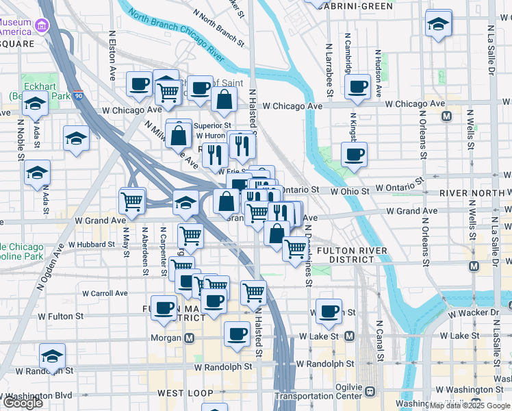 map of restaurants, bars, coffee shops, grocery stores, and more near 517 North Halsted Street in Chicago