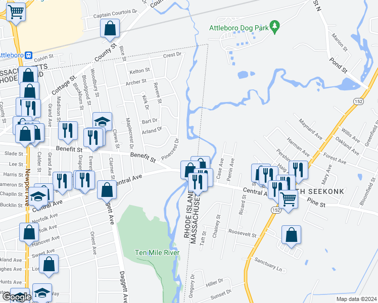 map of restaurants, bars, coffee shops, grocery stores, and more near 1110 Central Avenue in Pawtucket