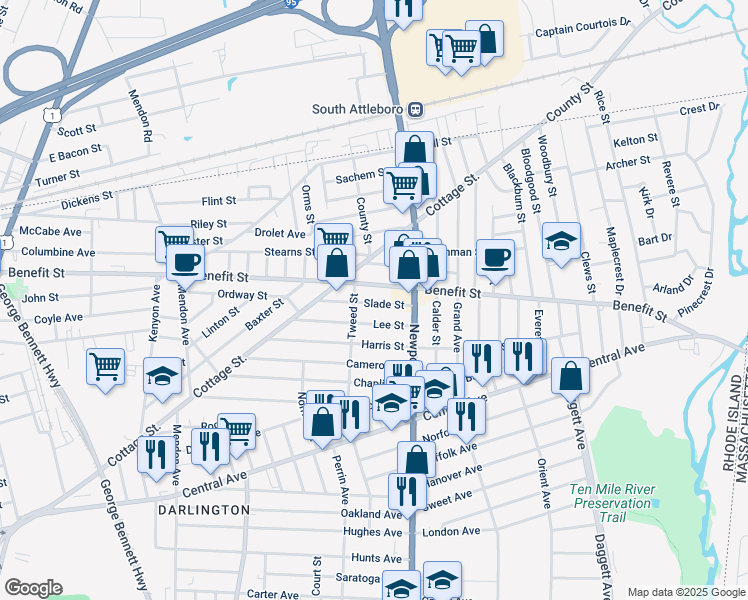 map of restaurants, bars, coffee shops, grocery stores, and more near 40 Slade Street in Pawtucket