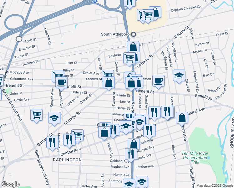 map of restaurants, bars, coffee shops, grocery stores, and more near 40 Slade Street in Pawtucket
