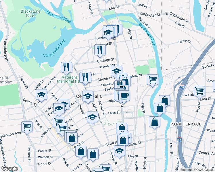map of restaurants, bars, coffee shops, grocery stores, and more near 65 Lincoln Avenue in Central Falls