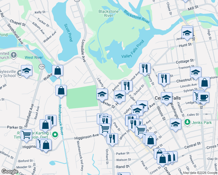 map of restaurants, bars, coffee shops, grocery stores, and more near 99 Liberty Street in Central Falls