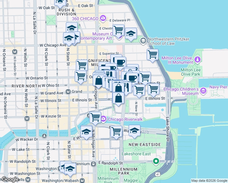 map of restaurants, bars, coffee shops, grocery stores, and more near 255 East Grand Avenue in Chicago