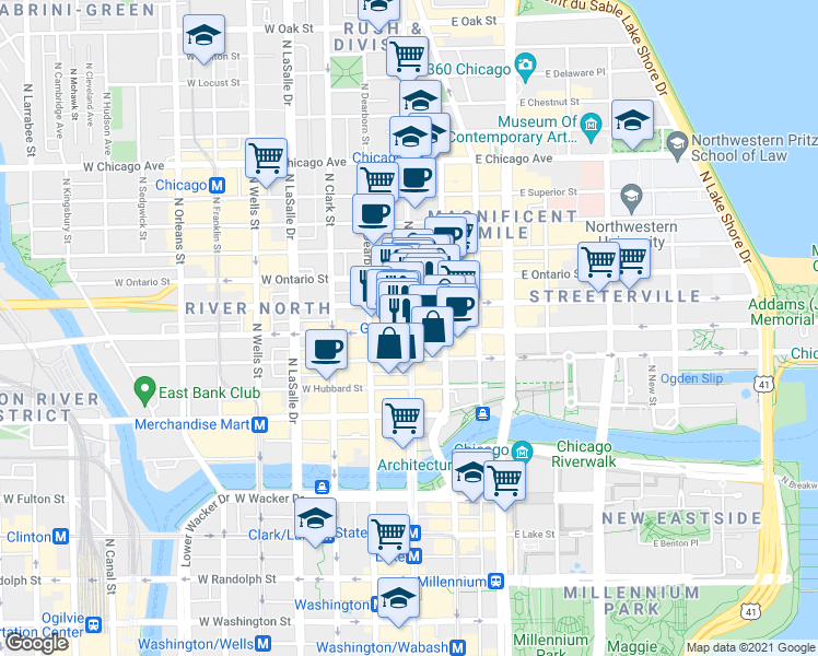 map of restaurants, bars, coffee shops, grocery stores, and more near 2 West Grand Avenue in Chicago