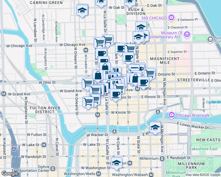 map of restaurants, bars, coffee shops, grocery stores, and more near 536 North Clark Street in Chicago