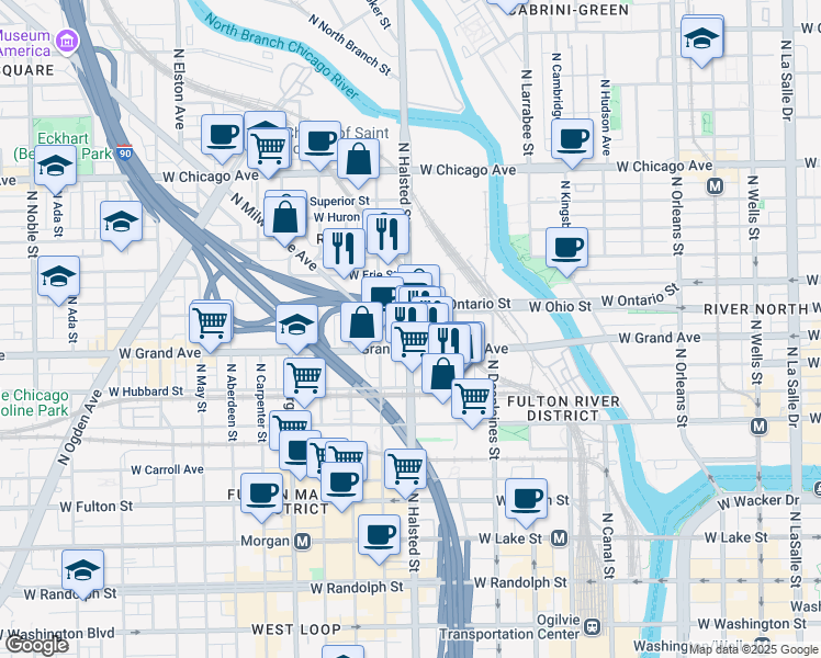 map of restaurants, bars, coffee shops, grocery stores, and more near 520 North Halsted Street in Chicago