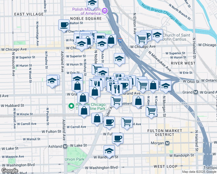 map of restaurants, bars, coffee shops, grocery stores, and more near 525 North Ada Street in Chicago