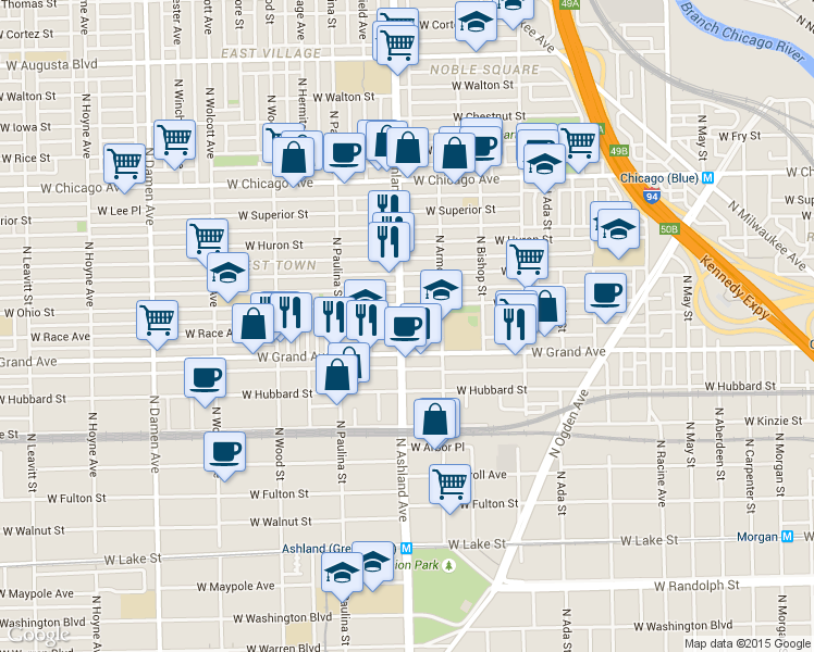 map of restaurants, bars, coffee shops, grocery stores, and more near 532 North Ashland Avenue in Chicago