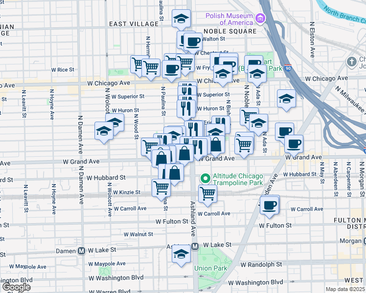 map of restaurants, bars, coffee shops, grocery stores, and more near 532 North Ashland Avenue in Chicago