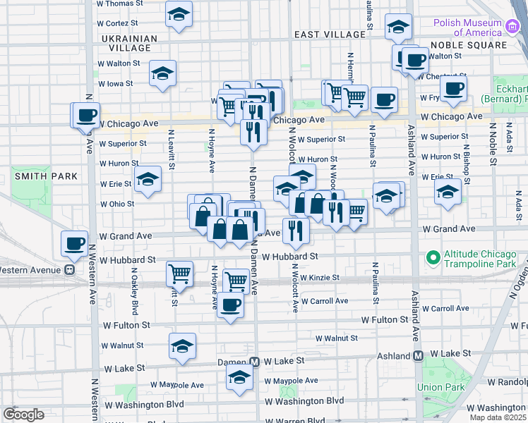 map of restaurants, bars, coffee shops, grocery stores, and more near 1953 West Ohio Street in Chicago