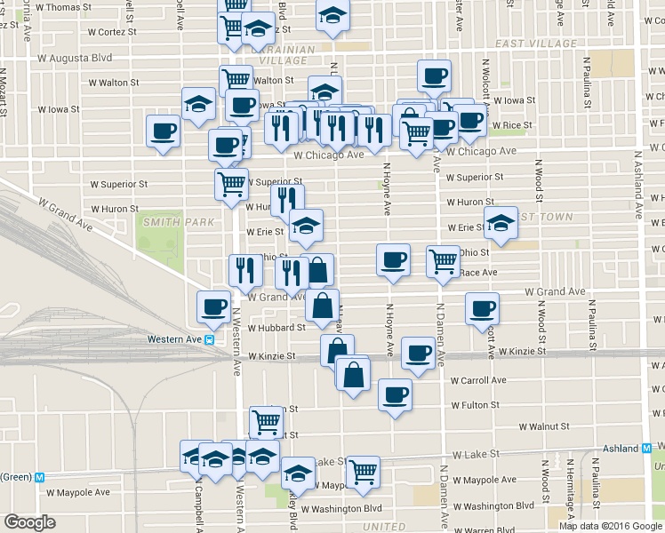 map of restaurants, bars, coffee shops, grocery stores, and more near in Chicago