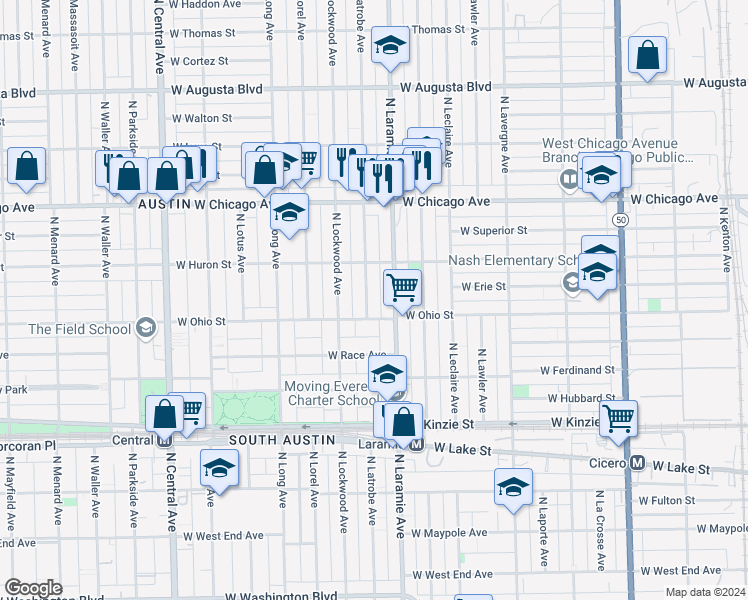 map of restaurants, bars, coffee shops, grocery stores, and more near 626 North Laramie Avenue in Chicago