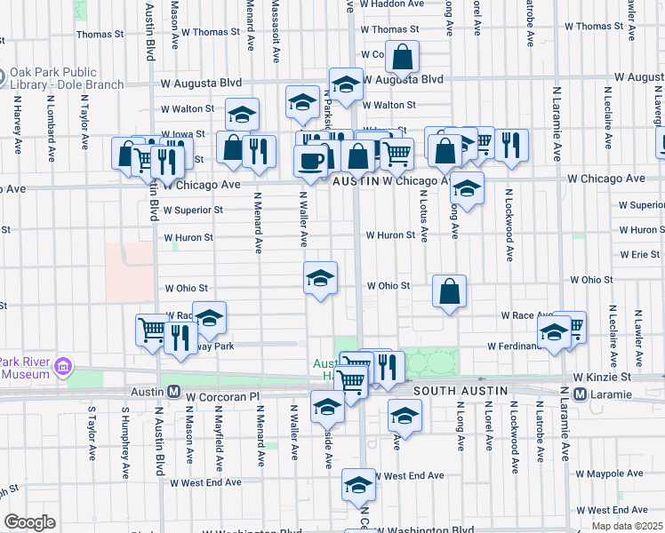 map of restaurants, bars, coffee shops, grocery stores, and more near 629 North Parkside Avenue in Chicago