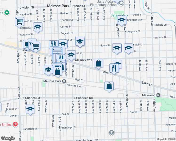 map of restaurants, bars, coffee shops, grocery stores, and more near 1504 West Lake Street in Melrose Park