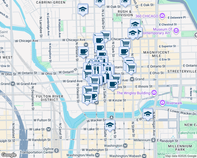 map of restaurants, bars, coffee shops, grocery stores, and more near 166 West Grand Avenue in Chicago
