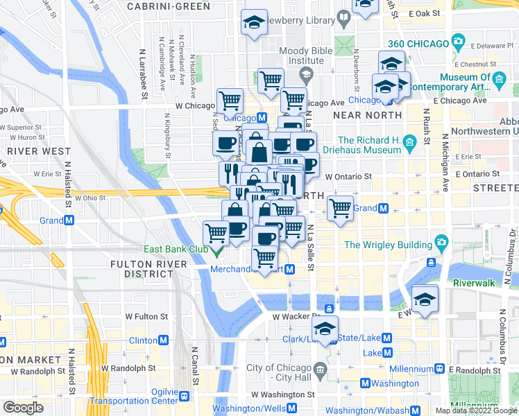 map of restaurants, bars, coffee shops, grocery stores, and more near 320 West Ohio Street in Chicago