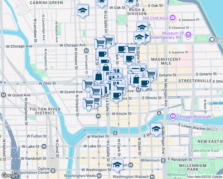 map of restaurants, bars, coffee shops, grocery stores, and more near 536 North Clark Street in Chicago