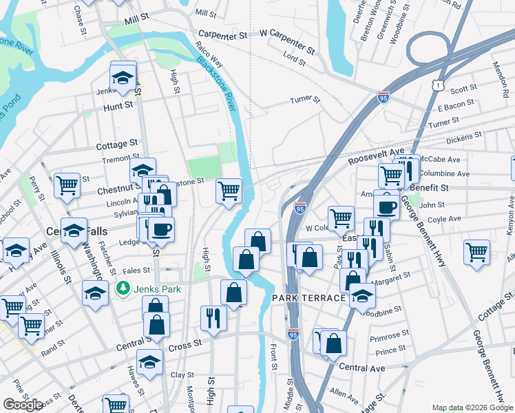 map of restaurants, bars, coffee shops, grocery stores, and more near 85 Branch Street in Pawtucket