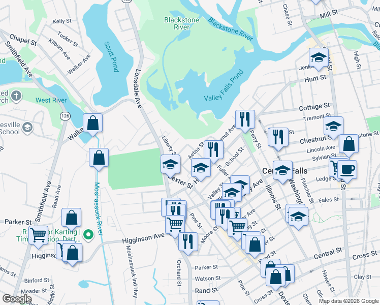 map of restaurants, bars, coffee shops, grocery stores, and more near 38 Aetna Street in Central Falls
