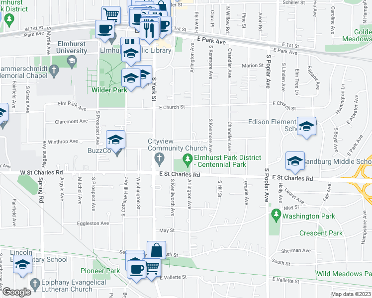 map of restaurants, bars, coffee shops, grocery stores, and more near 306 Arlington Avenue in Elmhurst
