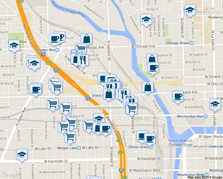 map of restaurants, bars, coffee shops, grocery stores, and more near 519 North Halsted Street in Chicago
