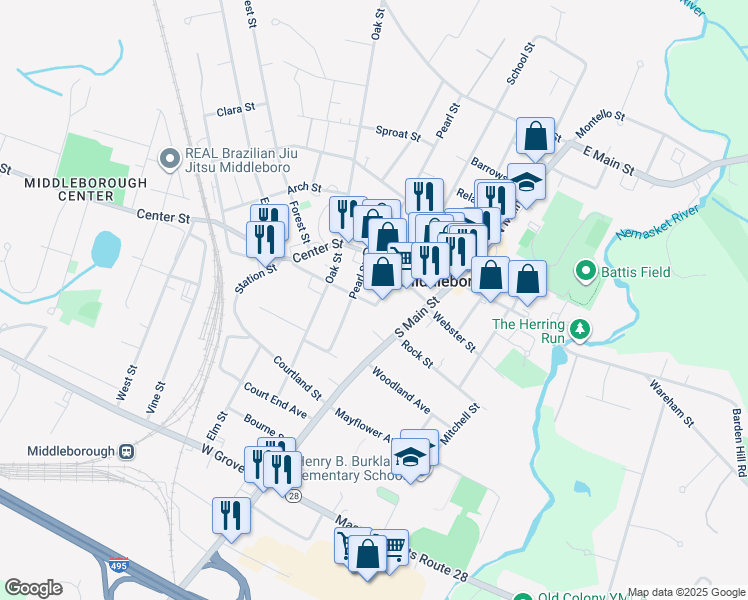 map of restaurants, bars, coffee shops, grocery stores, and more near 1 High Street in Middleborough