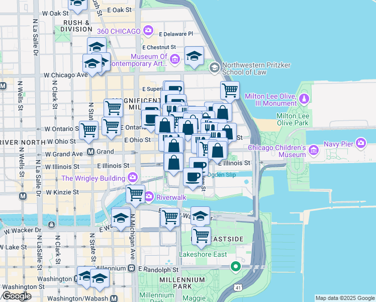 map of restaurants, bars, coffee shops, grocery stores, and more near 300 East Grand Avenue in Chicago