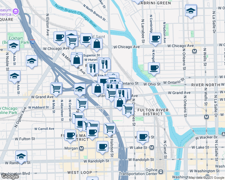 map of restaurants, bars, coffee shops, grocery stores, and more near 517 North Halsted Street in Chicago