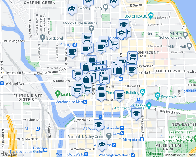 map of restaurants, bars, coffee shops, grocery stores, and more near 536 North Clark Street in Chicago
