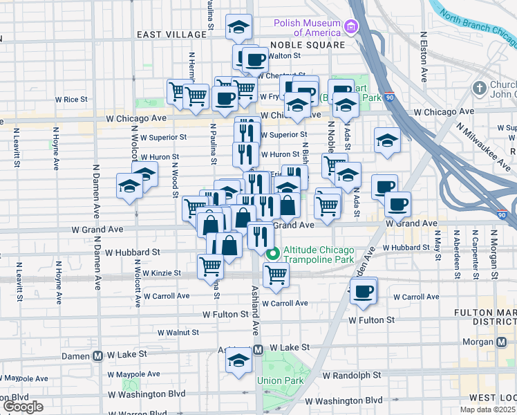 map of restaurants, bars, coffee shops, grocery stores, and more near 532 North Ashland Avenue in Chicago
