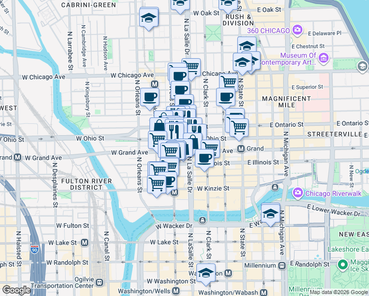 map of restaurants, bars, coffee shops, grocery stores, and more near 530 North LaSalle Drive in Chicago