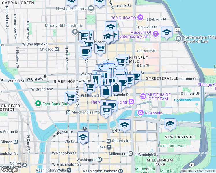 map of restaurants, bars, coffee shops, grocery stores, and more near 541 North State Street in Chicago