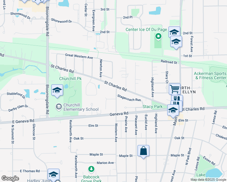 map of restaurants, bars, coffee shops, grocery stores, and more near 870 Western Avenue in Glen Ellyn