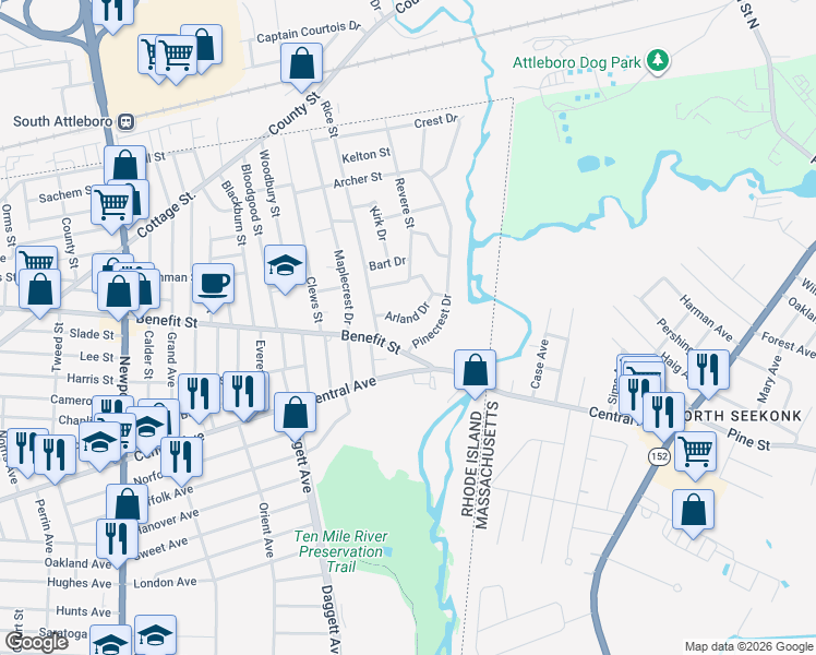 map of restaurants, bars, coffee shops, grocery stores, and more near 29 Arland Drive in Pawtucket