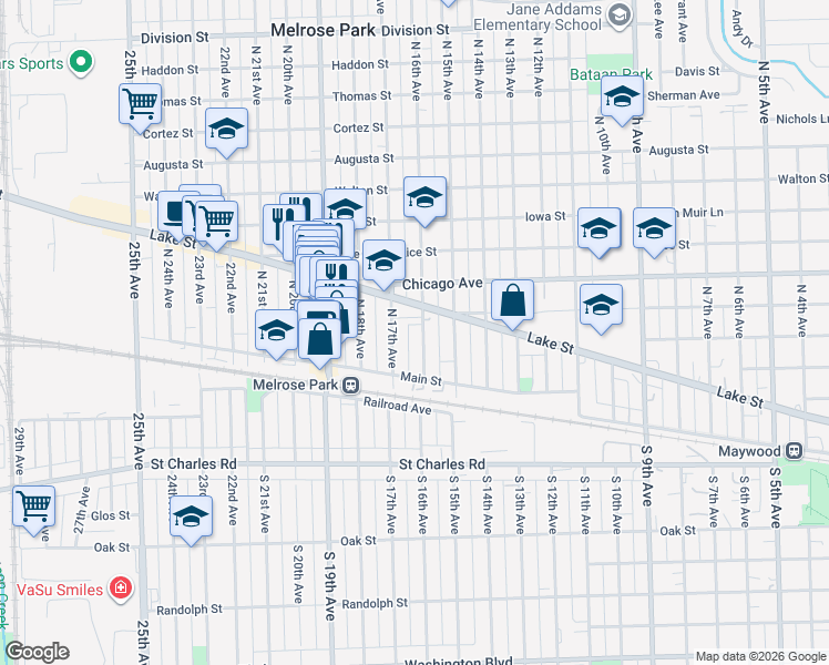 map of restaurants, bars, coffee shops, grocery stores, and more near 135 North 17th Avenue in Melrose Park